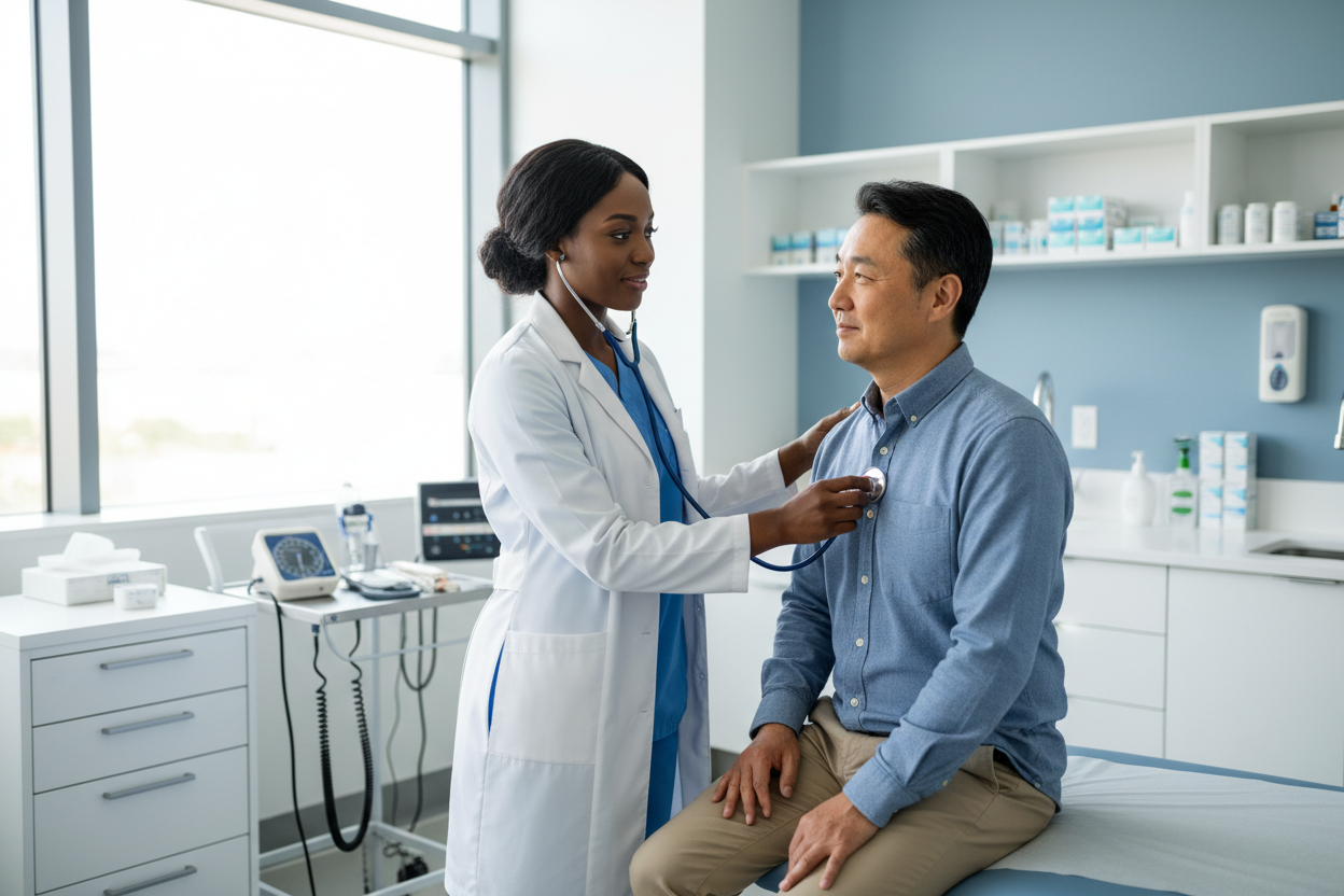 black nurse performing physical assessment
