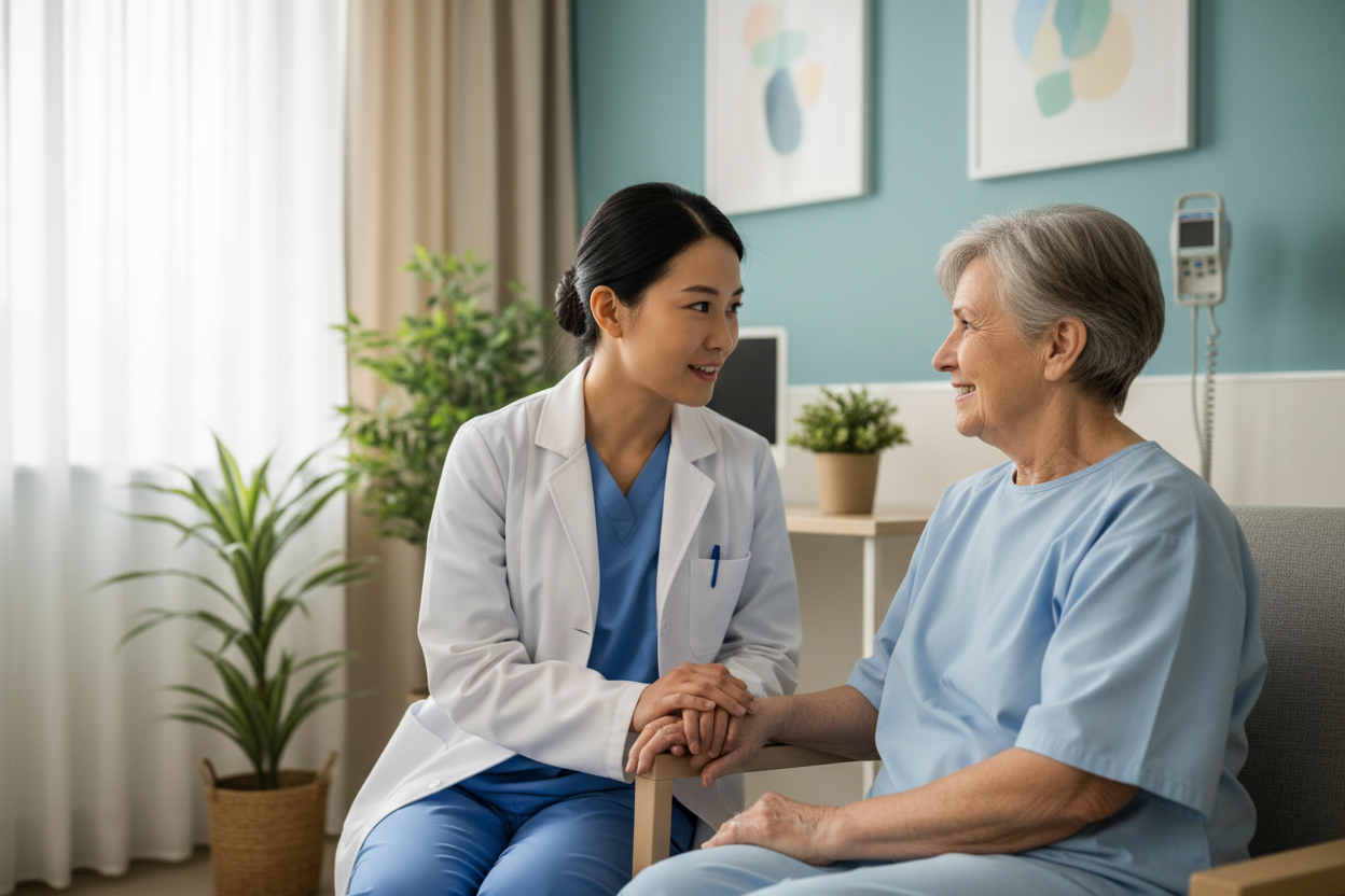 ethnic nurse speaking to patient