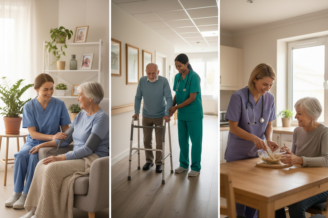 video of various healthcare professionals assisting patients at home and at retirement home